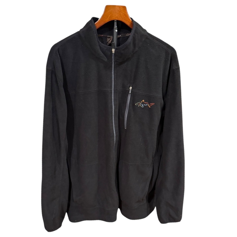 Greg Norman Tasso Elba Mens XL Black Full Zip Fleece Jacket Shark Logo Pocket